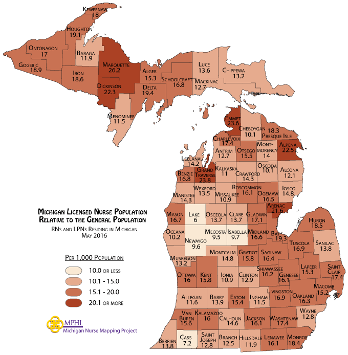 map depicting Michigan's nurse population by county relative to the general population in 2016
